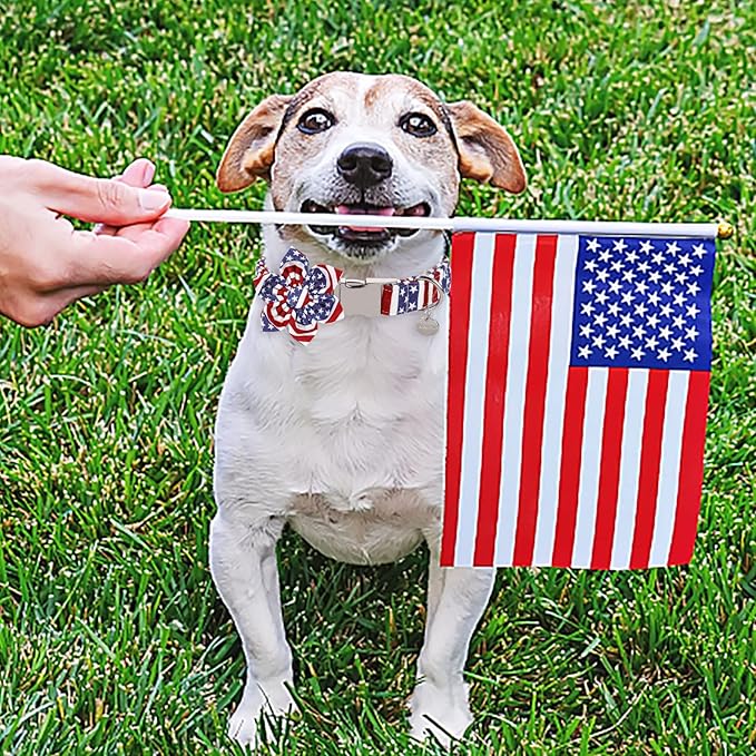 Dog Collar with Flower, 4th of July Comfortable Cotton Dog Collar, American Flag Collar for Small Girl Dog, Patriotic Flower Collar with Metal Buckle, S