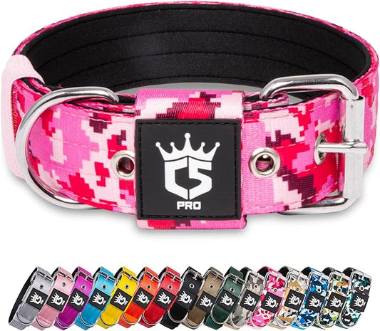 TSPRO Tactical Dog Collar 1.5 Inch Wide Thick Dog Collars with Heavy Duty Metal Buckle, Durable, Strong, Adjustable for Medium to Large Dogs (Camo Pink M)