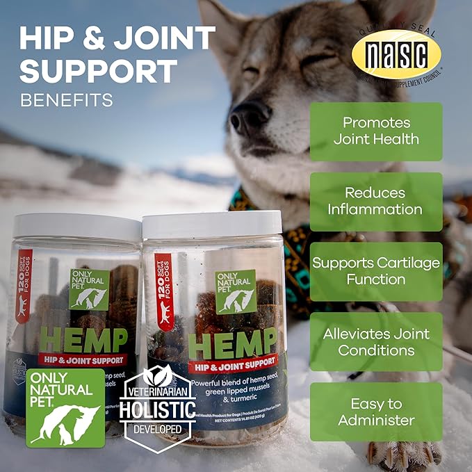 Only Natural Pet Hemp Hip & Joint Support for Dogs - Supplement for Mobility Wellness Pain Relief Healthy Inflammatory & Bone Stiffness - Chews w/Fatty Acid Blend Mussels & Turmeric - 120 Count