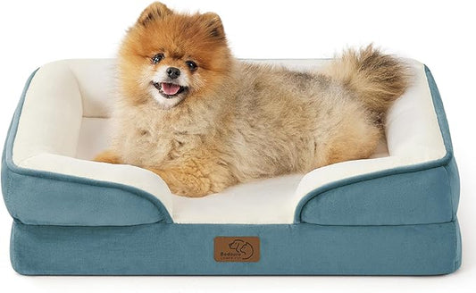 Bedsure Small Orthopedic Dog Bed - Washable Bolster Dog Sofa Beds for Small Dogs, Supportive Foam Pet Couch Bed with Removable Washable Cover, Waterproof Lining and Nonskid Bottom Couch, Blue