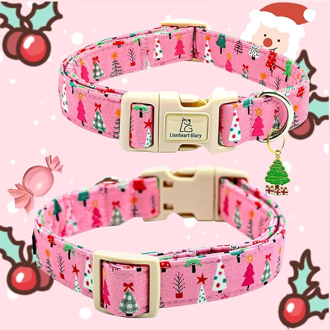 Lionheart Glory Christmas Dog Collar, Pink Christmas Tree Adjustable Soft Comfortable Collar for Medium Dogs for Girls or Boys
