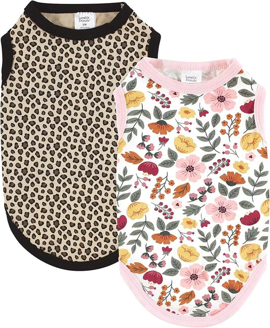 Luvable Friends Dog Pet Dog and Cats Cotton T-Shirts 2pk, Botanical Leopard, Small
