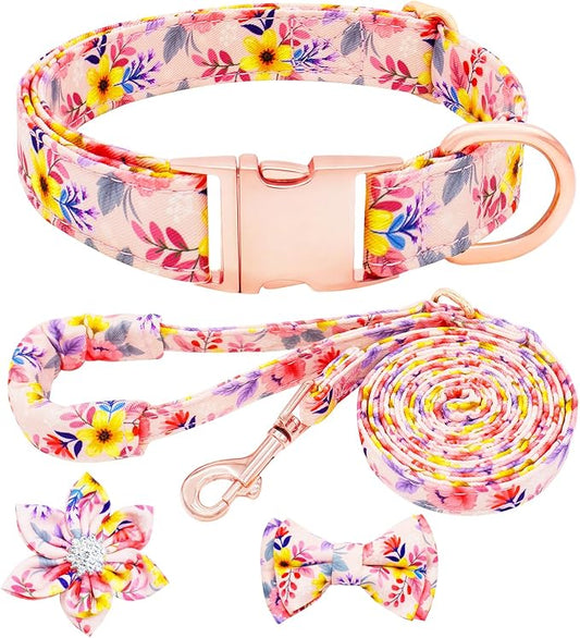 Dog Collar and Leash Set Girls Adjustable Puppy Collars with Floral Bow Tie for Small Medium Large Female Dogs, Pink Flower, L