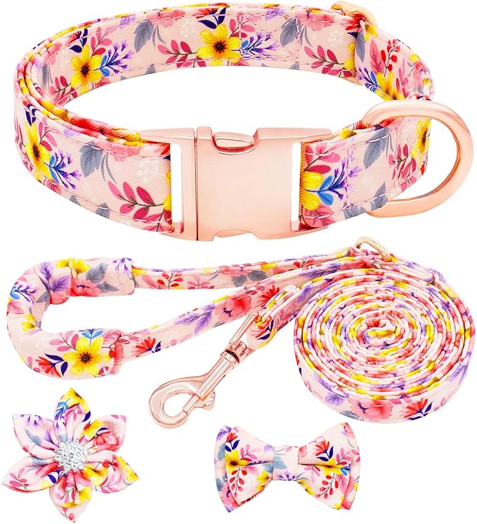 Dog Collar and Leash Set Girls Adjustable Puppy Collars with Floral Bow Tie for Small Medium Large Female Dogs, Pink Flower, XS