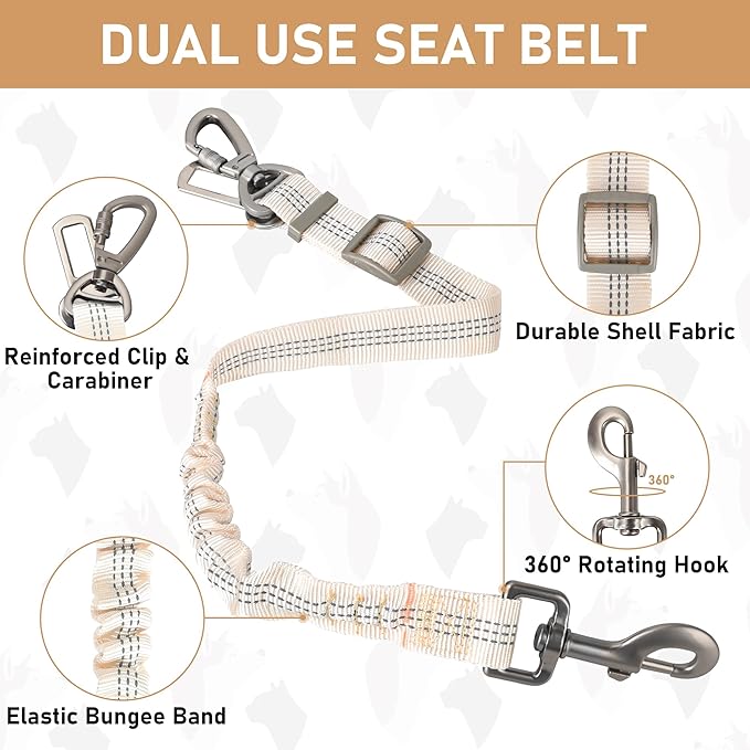 GAMUDA Dog Harness, Collar and Seat Belt Set, Vehicle Safety Harness, Retractable Adjustable Pet Seatbelts with Travel Strap and Carabiner for Most Cars (Beige, XXS)