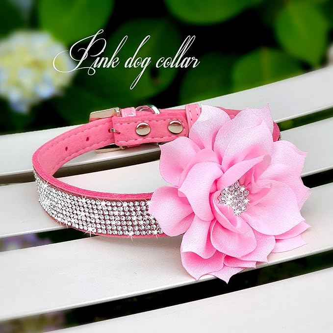 PET ARTIST Bling Rhinestone Dog Collar, Cute & Soft Suede Leather Dog Collar Girl with Flower, Sparkling Pink Pet Collars for Small Medium Female Dogs Walking Party Wedding,M