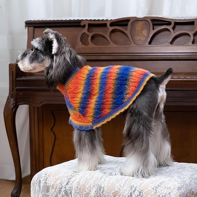 Rainbow Mohair Dog Sweater Cloak, Cold Weather Coat Dog Jacket for Small Dogs, Classic Turtleneck Thick Puppy Clothes with Leash Hole DS94L