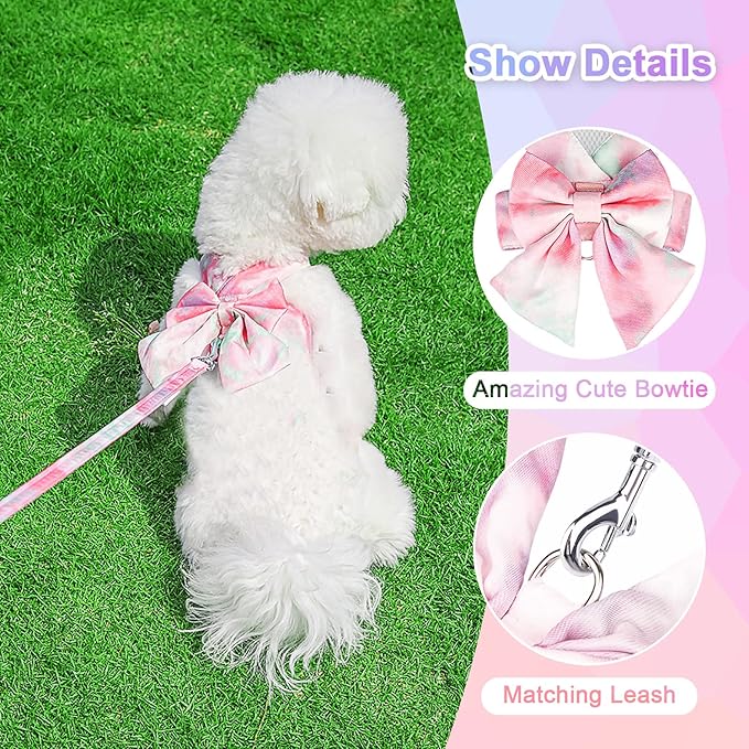 PETCARE Cute Bow Tie Dog Harness and Leash Set Elegant Rainbow Gradient Puppy Harness No Pull Soft Mesh Pet Cat Dog Vest Harnesses for Small Dogs Cats, Pink