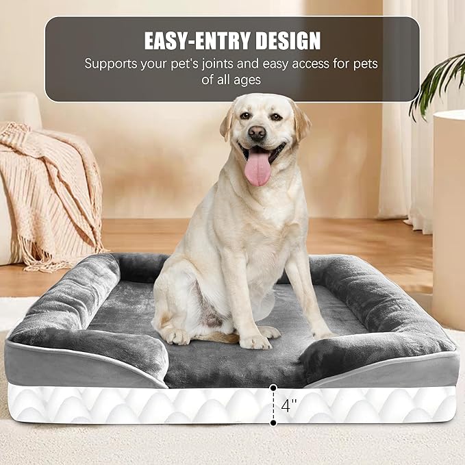 Orthopedic Dog Bed with Sides - Dog Sofa Beds for Extra Large Dogs, Supportive Foam Pet Couch Bed with Washable Removable Cover, Waterproof Lining and Non-Slip Bottom, Grey - XL