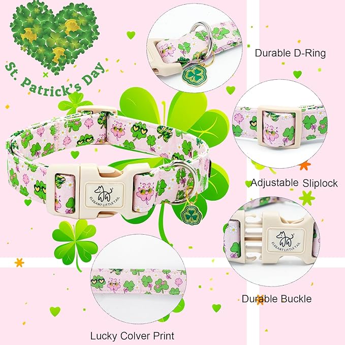 Elegant little tail St Patrick's Dog Collar-Cute Colver Cotton Shamrock Pet Collar Trefoil Pink Holiday Adjustable Cotton Pet Collar with Quick Release Buckle for Small Medium Large Dogs