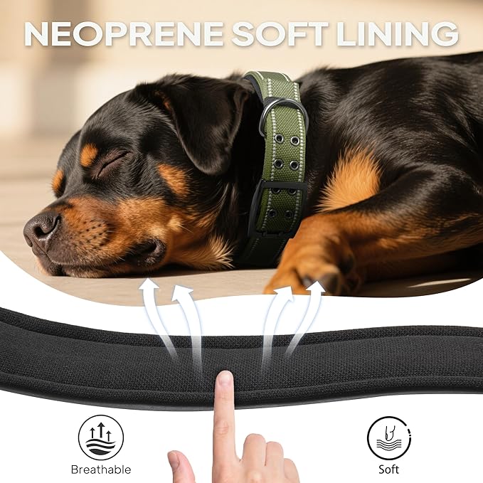 PetiFine Dog Collar for Extra Large Dogs, Neoprene Padded and Adjustable, Reflective Wide Heavy Duty Pet Collars with Durable Metal Belt Buckle for Walking, Green, XL