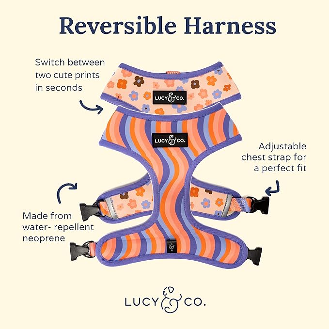 Lucy & Co. Purple with Coral Floral Wave, Cute Reversible Dog Harness Walking Halter - Best Designer Pet Harnesses for XS - XL Dogs - Padded Adjustable Vest for Easy Walking (Large)