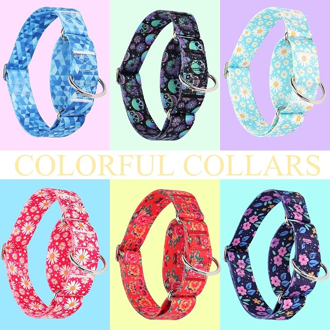 1.5 Inches Wide Martingale Dog Collar, Heavy Duty Adjustable Collar with Rwith Blue Daisy Floral Design, Military Grade Strong Dog Collar for Large/X-Large Breeds (M)