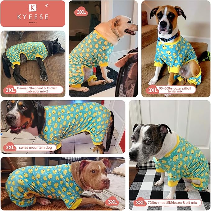 KYEESE Dog Pajamas Velvet Dog Pajamas Large Sized Dogs Soft Dogs Clothes Pjs with Yellow Ducks Pattern Stretchy Pet Jammies Coat Comfy Pet Onesie Costume, 3X-Large