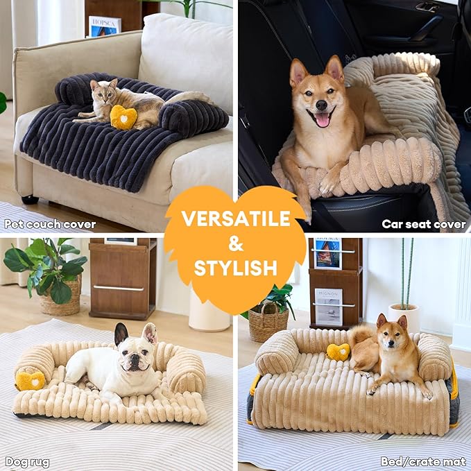 FUNNY FUZZY Pet Couch Cover for Sofa, Calming Dog Bed for Couch, Fluffy Plush Dog Couch Mat for Furniture Protector for Large Medium Small Pets, 47×37 in, Cream White