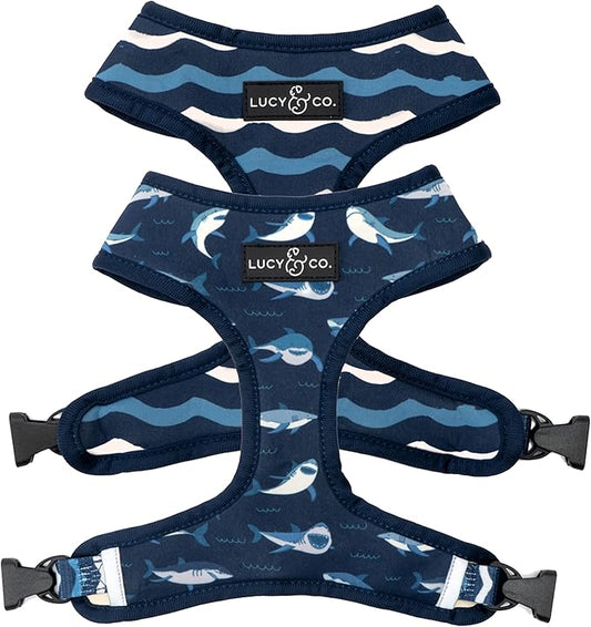Reversible Dog Harness - Best Designer Pet Harnesses for Extra Small Medium Large XL Dogs - Padded Adjustable Puppy Vest for Easy Walking (Medium, Shark Attack)