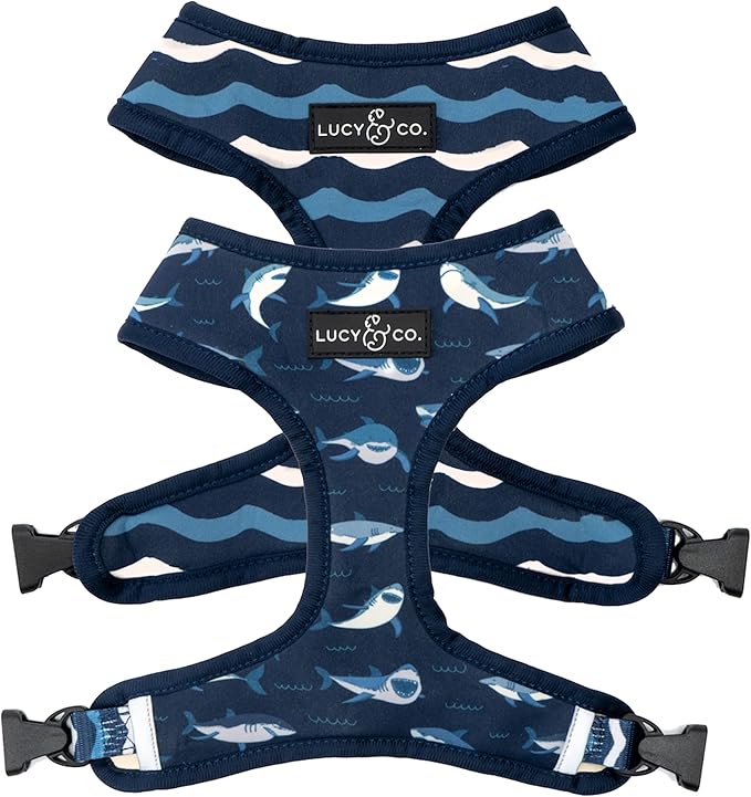 Reversible Dog Harness Walking Halter - Best Designer Pet Harnesses for Extra Small Medium Large XL Dogs Plus Pug Breeds - Padded Adjustable Puppy Vest for Easy Walking (X-Large, Shark Attack)