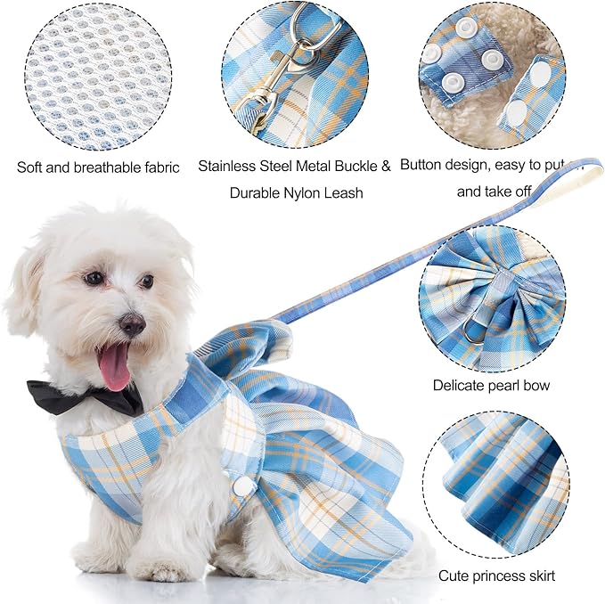 4 Pcs Cute Plaid Dog Dress Set with Bow Tie Harness & Leash for Small Dogs, Puppy Clothes for Girls Summer Outfits(Xs,Dark Color)