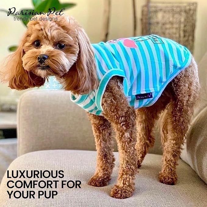 Parisian Pet Dog Tshirt - Embroidered “ Flamingos “ Tank Top - 100% Cotton and Lightweight Dog Clothes - Sleeveless Tee Shirts - Machine Washable Shirt for Small Dogs - Pet Vest - S