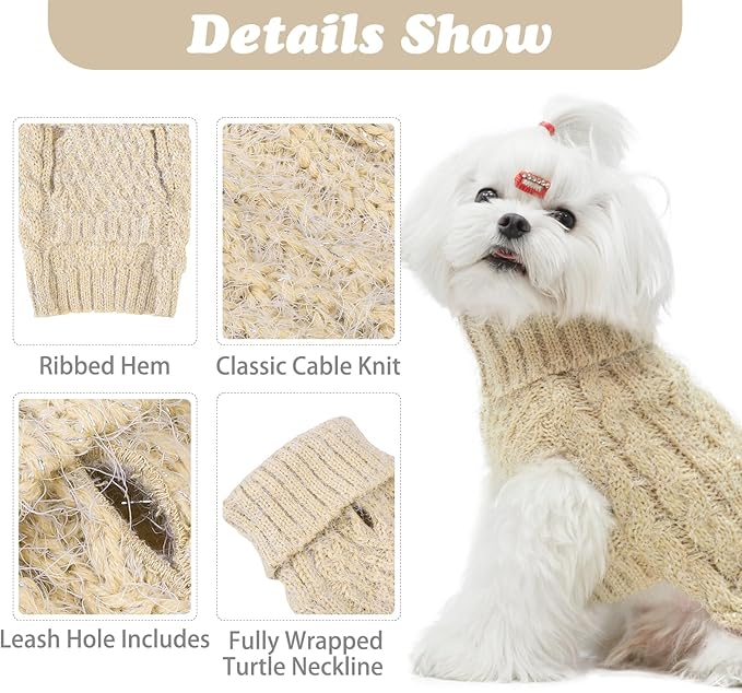 Turtleneck Small Dog Sweaters - Classic Cable Knitwear Winter Coat for Small Medium Dogs Male Female Puppy Dog Cold Weather Clothes Girls Boys, Cream, M