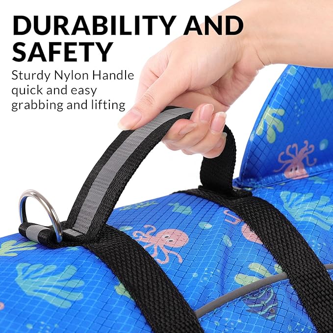 Queenmore Large Dog Life Jacket, Dog Life Vest for Swimming, Cute Shark Life Vest with Rescue Handle/Leash Hook, Safety Dog Lifevests for Boating/Kayaking, Pet Life Jackets for Big Dogs (Prints,L)