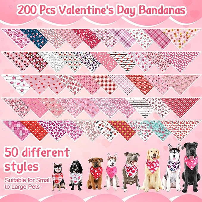 200 Pcs Dog Bandana Bulk Spring Summer Hawaii Pet Party Bandana Scarf Adjustable Puppy Kerchief Triangle Bibs Holiday Grooming Supplies for Small Medium Dogs Cat Costume Accessory Outfit(Heart)