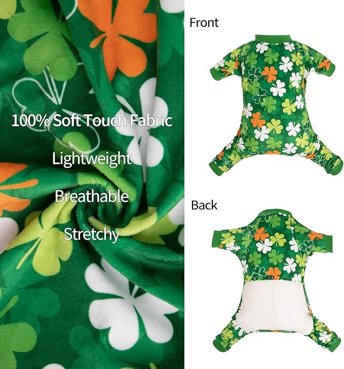 CuteBone Clover St.Patrick's Day Small Dog Pajamas Soft Puppy Pjs Fleece Stretchy Onesie Cat Clothes for Daily Wear P275XL