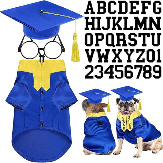 5 Pcs Dog Graduation Costume Set Include 2025 Pet Graduation Gown with Stole Puppy Grad Cap Lensless Glasses DIY Letter Stickers for Dogs Cats Holiday Costume Accessory(Blue Yellow,M)