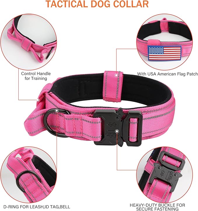 KCUCOP Tactical Dog Collar for Medium & Large Dogs - Military Nylon Heavy Duty Collar with Handle, Reflective Strip & Metal Buckle for Training, Outdoor (Pink Reflective, Medium)