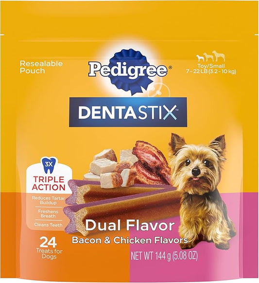 Pedigree Dentastix Dual Flavor Small Dog Dental Treats, Bacon & Chicken Flavors, 5.08 oz. Pack (24 Treats)