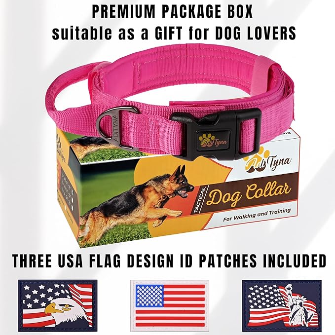 ADITYNA Tactical Dog Collar for Medium Girl Dogs - Soft Padded, Heavy Duty, Service, Adjustable, Military, K9 Pink Medium Collar with Handle for Training and Walking