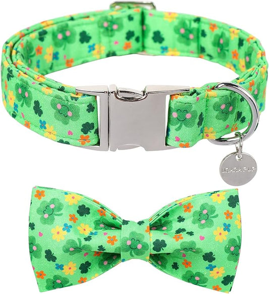 St. Patrick's Dog Collar with Bow Tie, Cotton St. Patrick's Bowtie Collar for Girl Boy Dog, Lucky Shamrock Dog Collar with Metal Buckle, Green, Spring, S