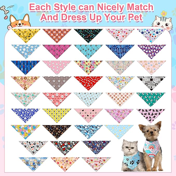 Amylove 120 Pcs Dog Bandanas Bulk Holiday Triangle Dog Pack Puppy Kerchief Bandana Adjustable Pet Scarf for Pet Cat Costume Accessories Decor Summer(Cartoon)