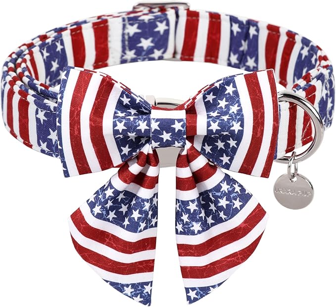Patriotic Dog Collar with Bow Tie, 4th of July Bowtie Dog Collar, American Flag Collar for Puppy Boy Girl Dog or Cat, Comfortable Summer Bowtie Collar with Metal Buckle, XS
