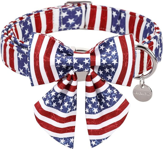 Patriotic Dog Collar with Bow Tie, 4th of July Bowtie Dog Collar, American Flag Collar for X-Large Boy Girl Dog, Comfortable Summer Bowtie Collar with Metal Buckle, XL