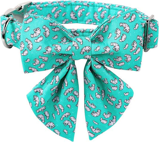 Lionet Paws Summer Dog and Cat Collar with Sailor Bow, Soft Comfortable Adjustable Cute Manatee Collar for Puppies and Cats, Neck 8-12 inches