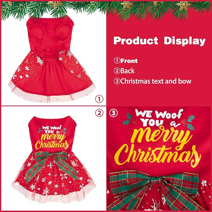 PUPTECK Dog Christmas Dress Outfit Puppy Costume Cute Small Dogs Clothes with Bowknot Skirt Pajamas