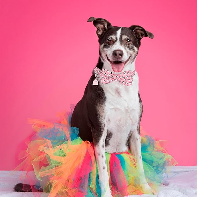 ADOGGYGO Halloween Dog Collar with Bowtie, Pink Ghost Pet Collars with Detachable Bow, Adjustable Pink Halloween Collars for Small Medium Large Dogs (Large)