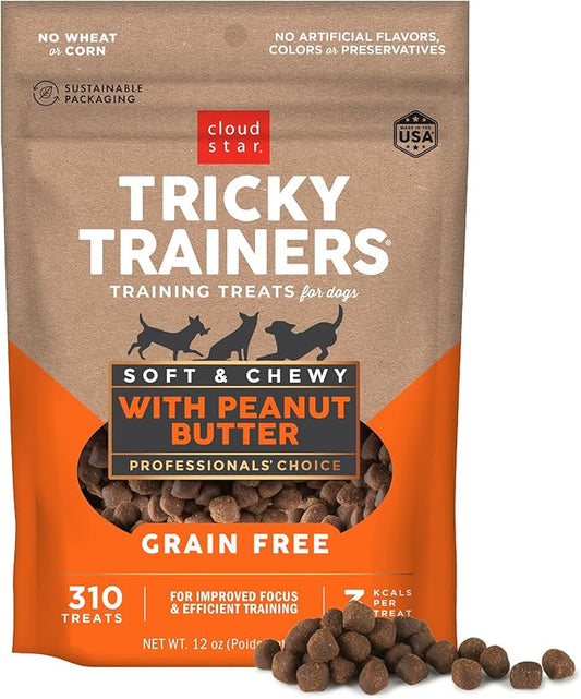 Cloud Star Tricky Trainers Soft & Chewy Dog Training Treats 12 oz. Pouch, Peanut Butter Flavor, Grain-Free Low Calorie Behavior Aid with 310 treats