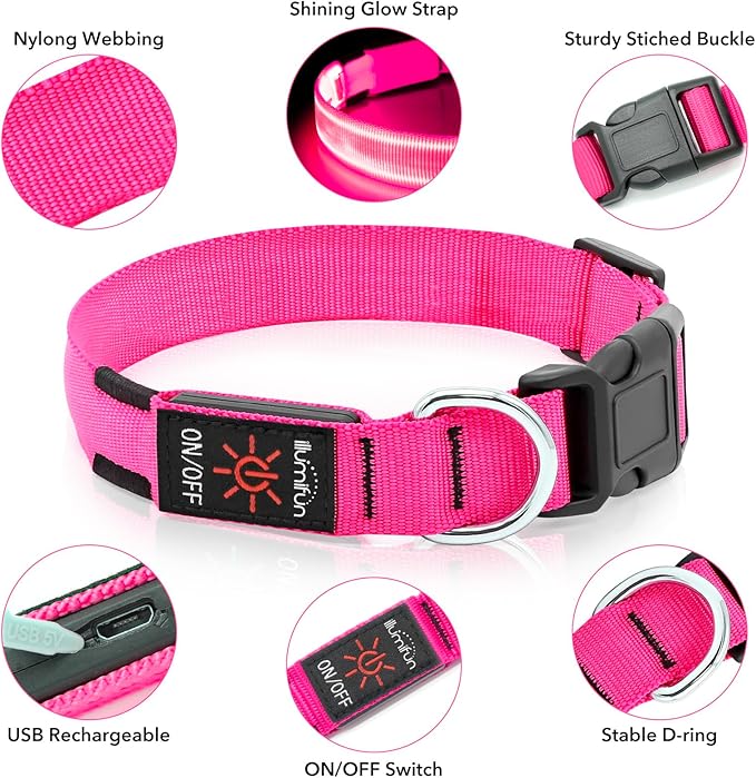 Illumifun LED Dog Collar | USB Rechargeable Light Up Dog Collar, Water-Resistant Adjustable Safety Collar Light for Small Medium Large Dogs Glow in The Dark (Pink, Small)