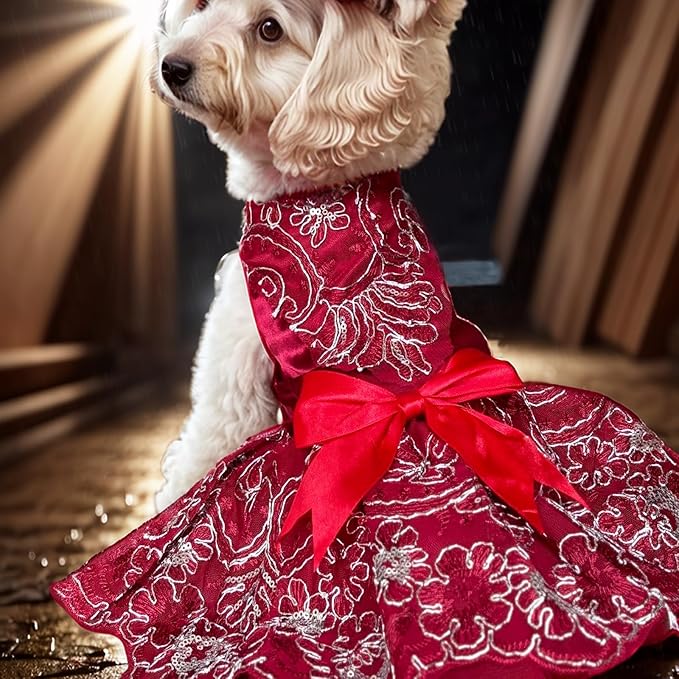 Lolita Luxury Dog Princess Dress for Small Dogs Girls,Embroidered Sweet Pet Clothes Wedding Birthday Party Puppy Dresses,Cat Apparel Accessories Costumes Outfit Skirt（Red,X-Small）