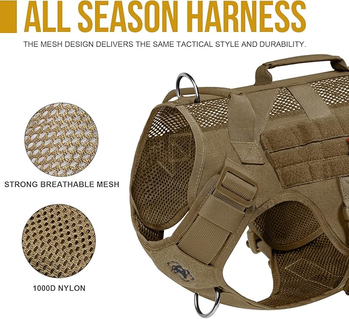 OneTigris No Pull Tactical Dog Harness for Medium Dog, Aire Mesh Dog Vest Harness, Breathable Military Dog Molle Vests with Handles, Service Dog Vest for Walking Hiking Training (L, Brown)