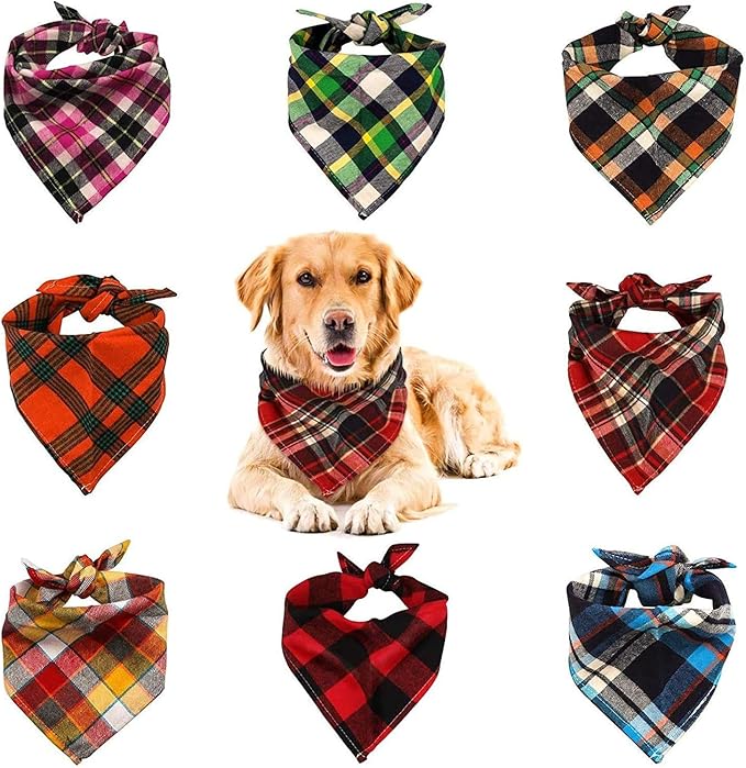 8 Pack Triangle Dog Bandanas, Reversible Plaid Painting Bibs Scarf, Washable Christmas Dog Bandanas Apparel & Accessories Kerchief Set