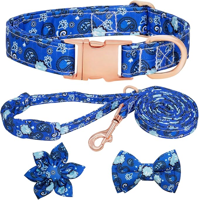 Dog Collar and Leash Set Girls Adjustable Puppy Collars with Floral Bow Tie for Small Medium Large Female Dogs, BluePaisley, L