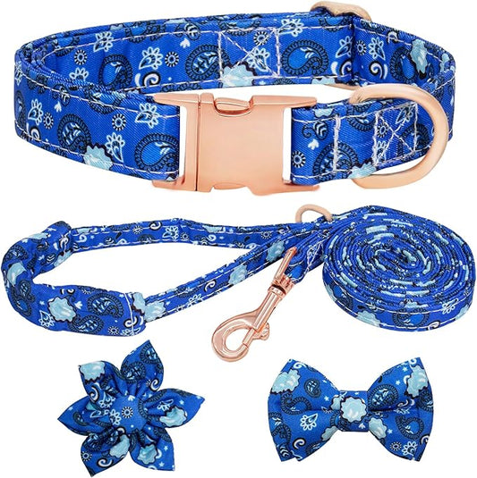 Dog Collar and Leash Set Girls Adjustable Puppy Collars with Floral Bow Tie for Small Medium Large Female Dogs, BluePaisley, L