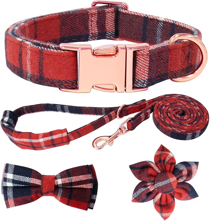 Dog Collar and Leash Set Girls Adjustable Puppy Collars with Plaid Bow Tie for Small Medium Large Female Dogs, Red Plaid, XS