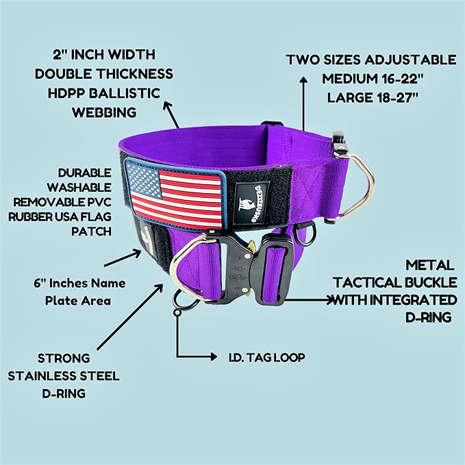 Tactical Dog Collar 2 Inch Wide Thick Heavy Duty Military Style with Metal Buckle, Adjustable for Medium - Large Breeds, Durable K9 Training Gear with Patch Area, USA Flag Patch, Strong and Secure Fit