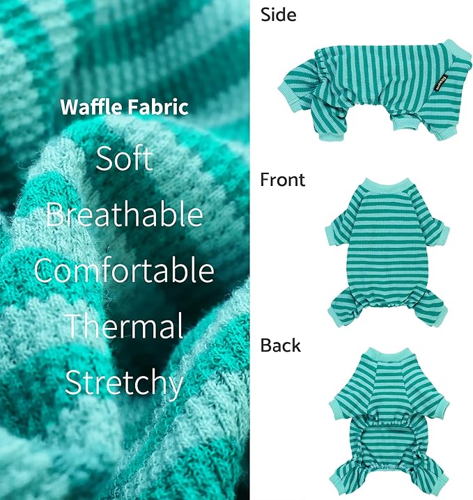 Fitwarm Green and Teal Striped Dog Pajamas, Waffle Dog Clothes for Small Dogs Girl Boy, Puppy Onesie with Feet, Pet Cat Outfit, Large