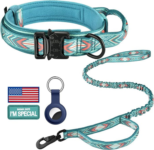 DAGANXI Tactical Dog Collar, Adjustable Military Training Nylon Dog Collar with Control Handle and Heavy Metal Buckle for Medium and Large Dogs, with Patches and Airtags Case (XL, Green Arrow-Set)
