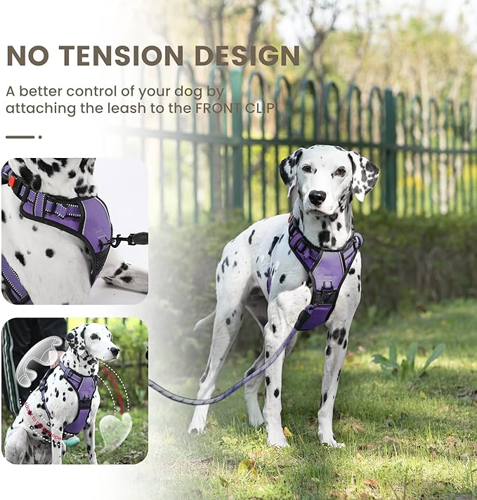 FURRYFECTION Dog Harness | No Pull Dog Harness | Reflective Oxford | Padded Handle | 4 Adjustable Straps | 2 Leash Clips | No Choke Pet Vest Harness for Small Medium Large Dogs | Purple | S